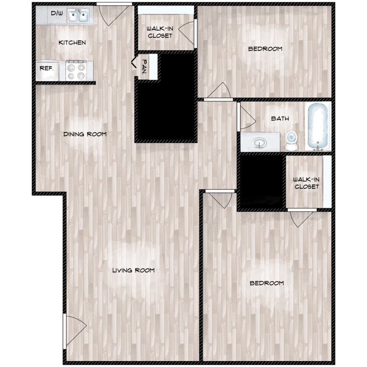 Floor plan for 2 beds, 1 bath, 1010 sqft